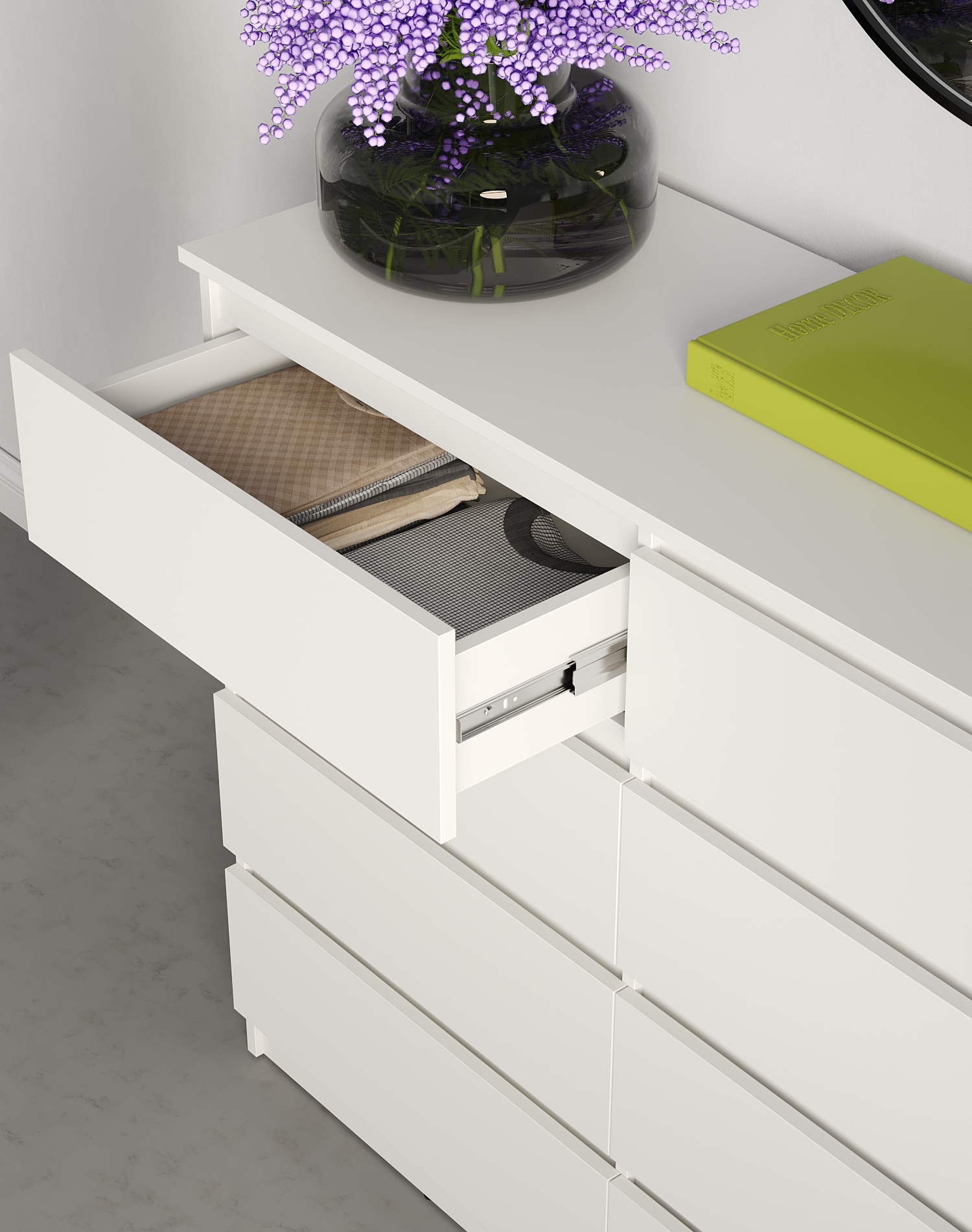 Neo 8S Chest of Drawers, 8 Drawers with Telescopic Guides, PAL Material, 120x43x98 cm, White, Minimalist Handle-less Design