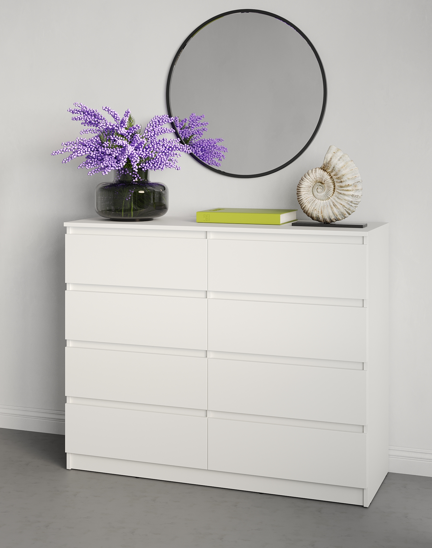 Neo 8S Chest of Drawers, 8 Drawers with Telescopic Guides, PAL Material, 120x43x98 cm, White, Minimalist Handle-less Design