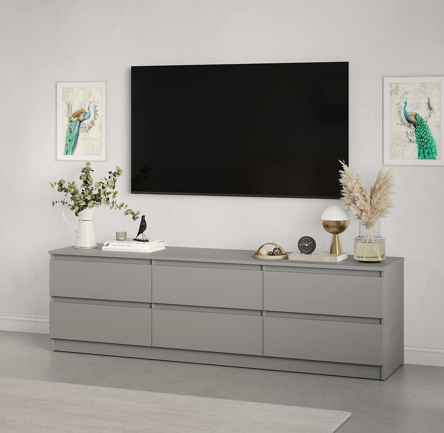 Neo 6S TV Stand, Minimalist Grey PAL Wood Media Console, 180x43x53 cm, 6 Drawers with Telescopic Guides