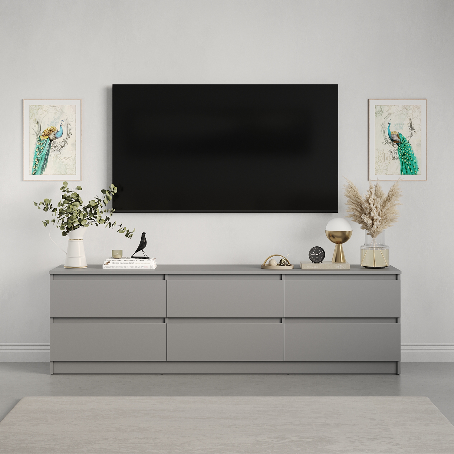 Neo 6S TV Stand, Minimalist Grey PAL Wood Media Console, 180x43x53 cm, 6 Drawers with Telescopic Guides