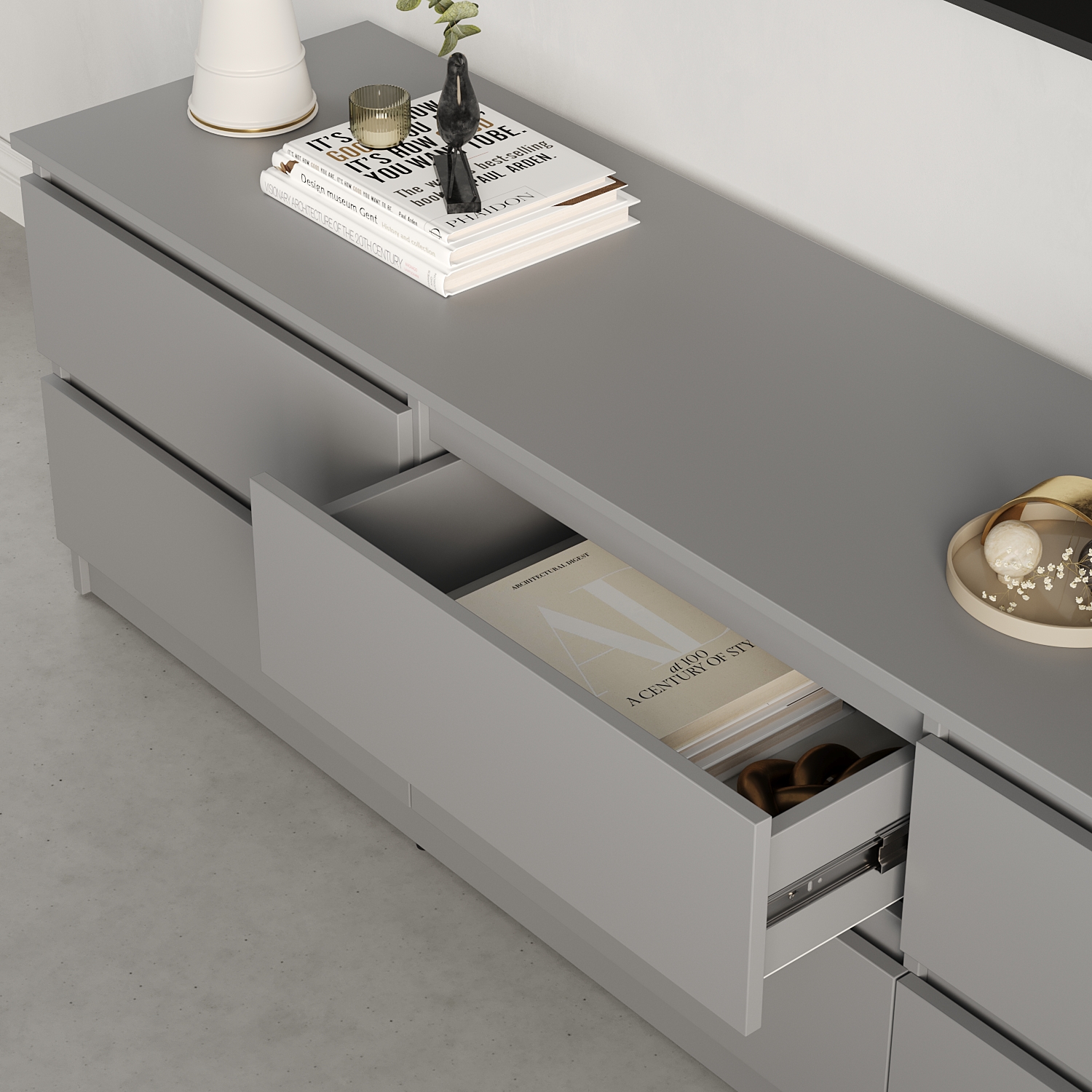 Neo 6S TV Stand, Minimalist Grey PAL Wood Media Console, 180x43x53 cm, 6 Drawers with Telescopic Guides