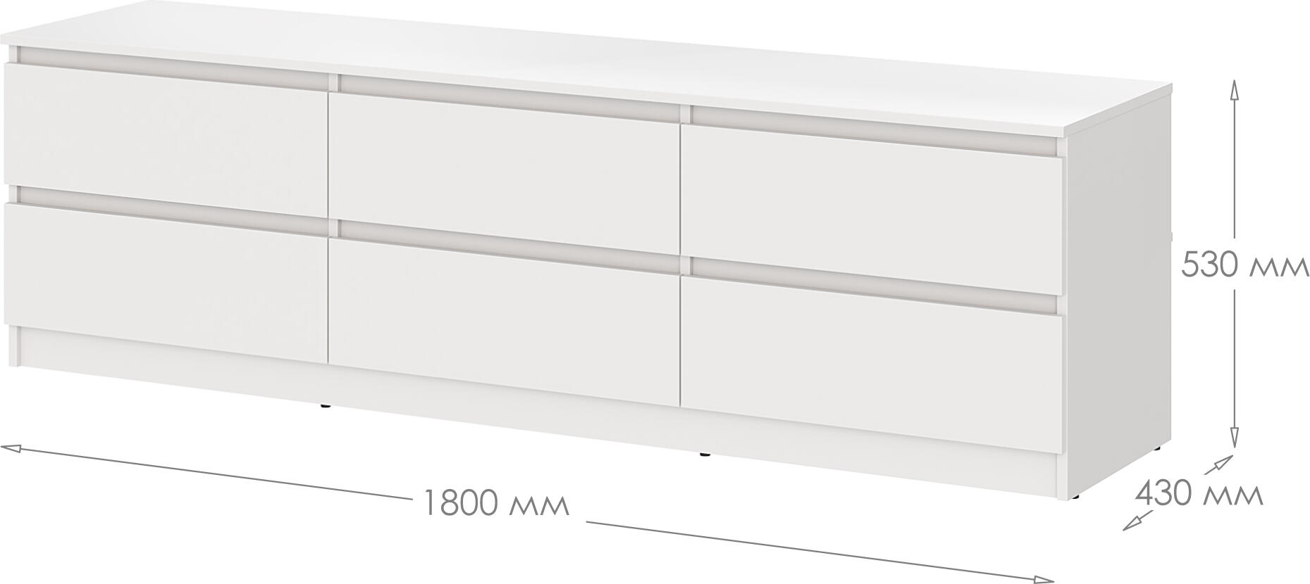 Neo 6S TV Stand, Minimalist Grey PAL Wood Media Console, 180x43x53 cm, 6 Drawers with Telescopic Guides