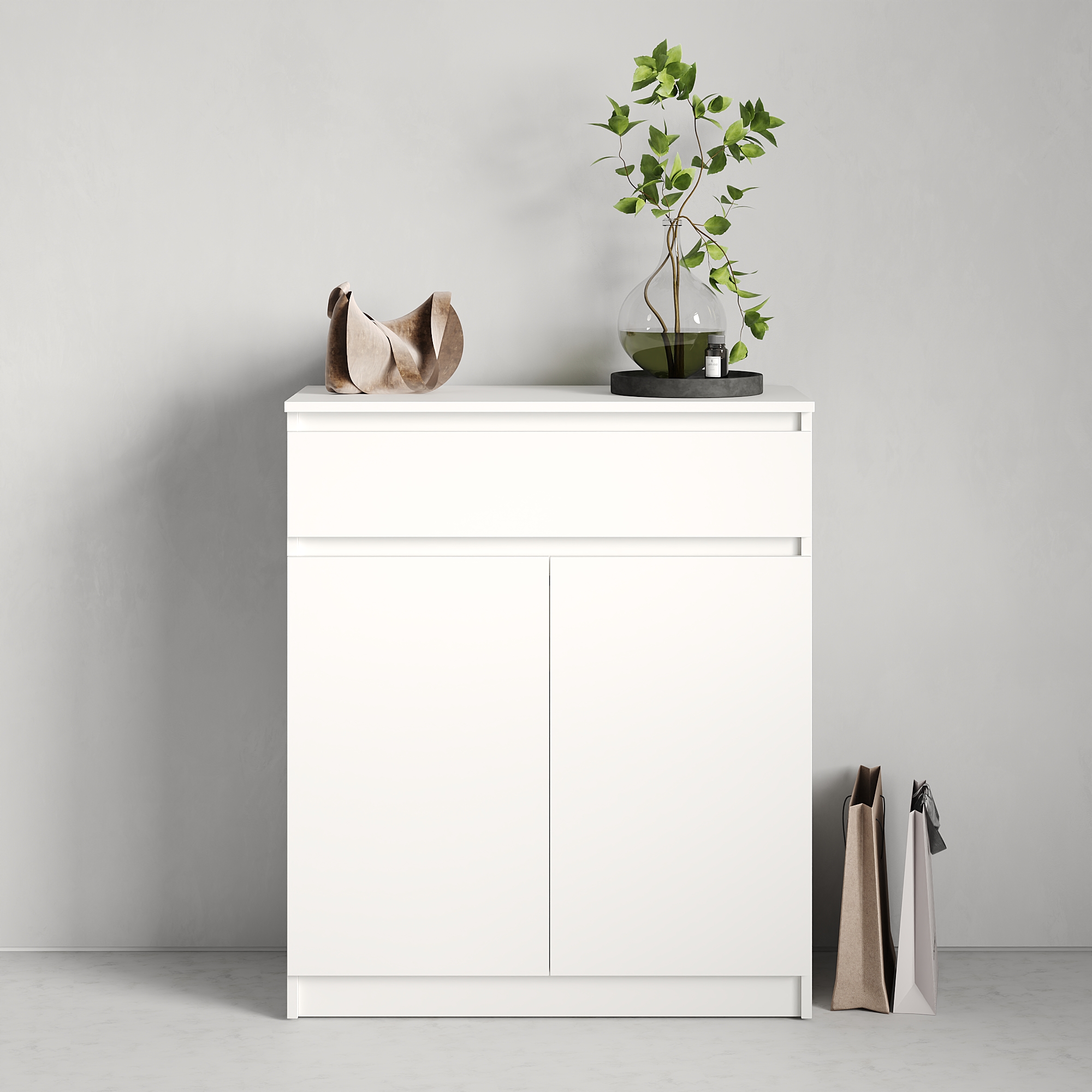 Обувница Neo mbs-1008, Белая, ЛДСП, 80x35x95 см, 1 Выдвижной Ящик с Телескопическими Направляющими и 2 Отсека с Полками, Минимализм