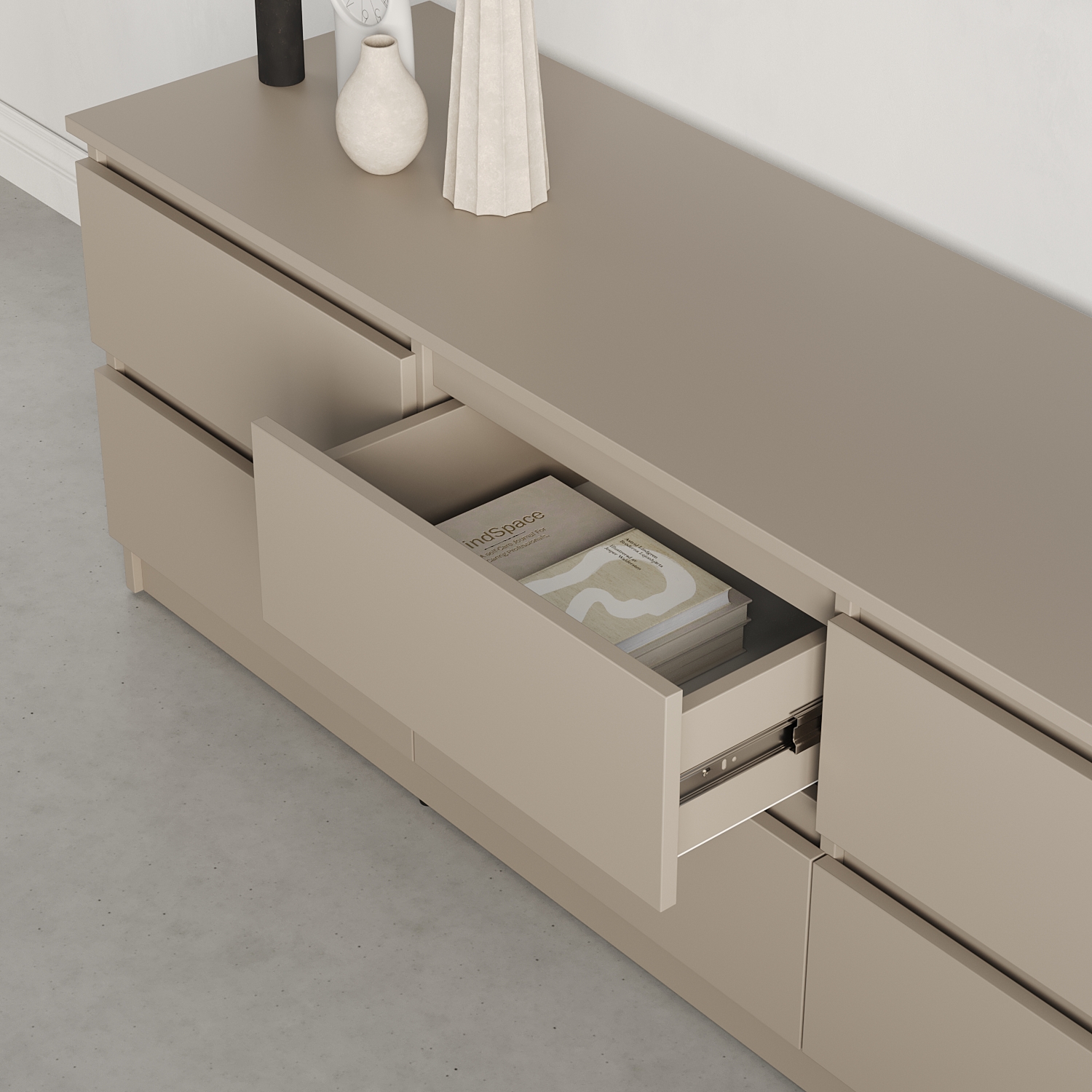 Neo 6S TV Stand, 150x43x53 cm, PAL Material, 6 Drawers with Telescopic Guides, Minimalist Style, Beige
