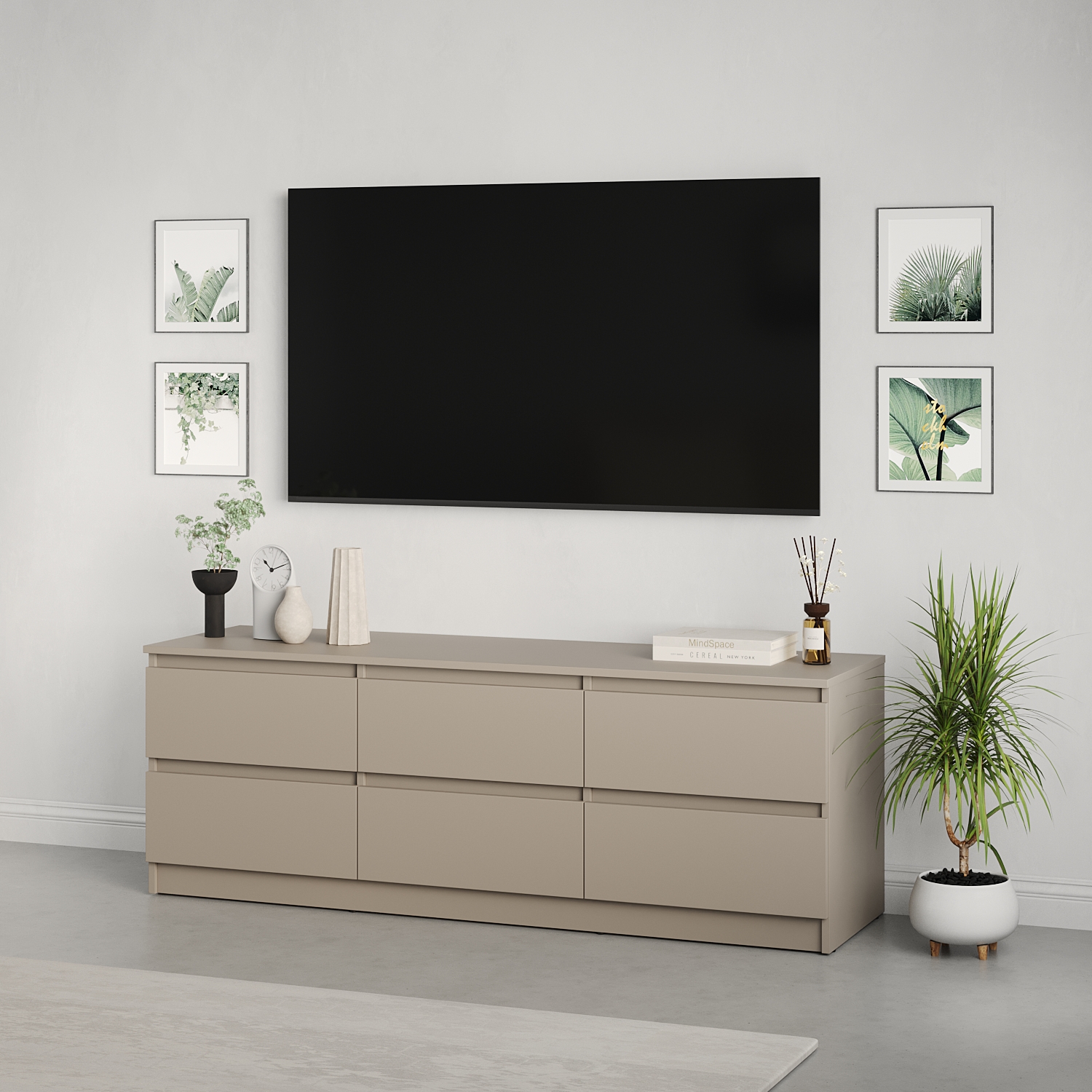 Neo 6S TV Stand, 150x43x53 cm, PAL Material, 6 Drawers with Telescopic Guides, Minimalist Style, Beige