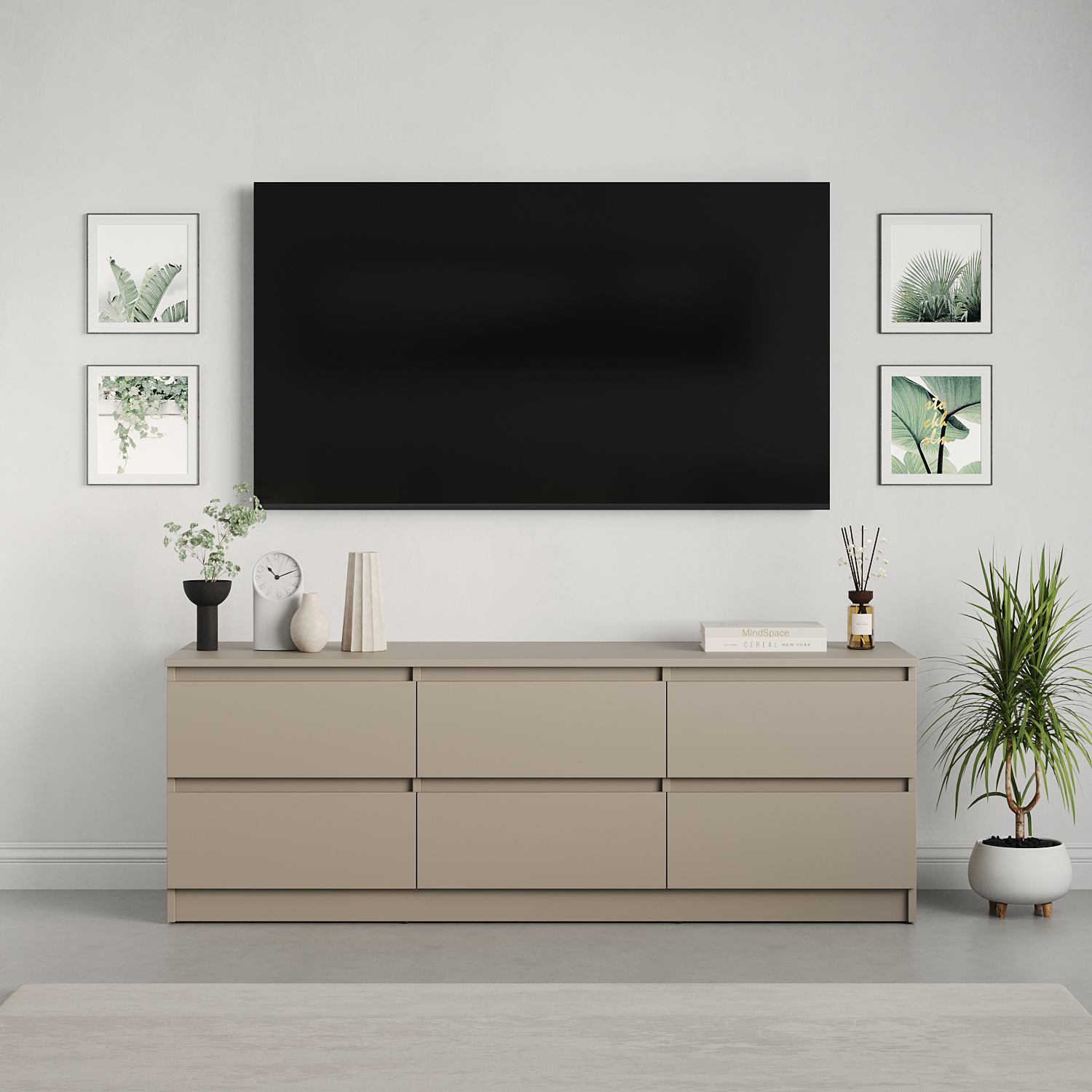 Neo 6S TV Stand, 150x43x53 cm, PAL Material, 6 Drawers with Telescopic Guides, Minimalist Style, Beige