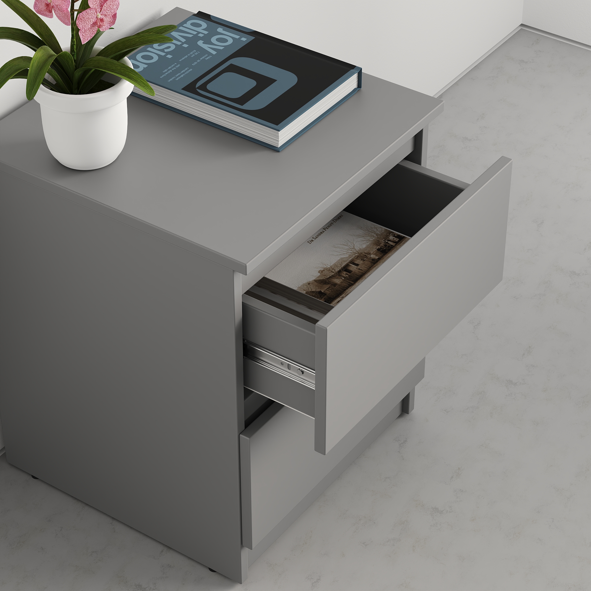 Neo Nightstand mbs-1182, Minimalist Bedside Table with 2 Telescopic Drawers, PAL Material, Grey, 40x43x53 cm