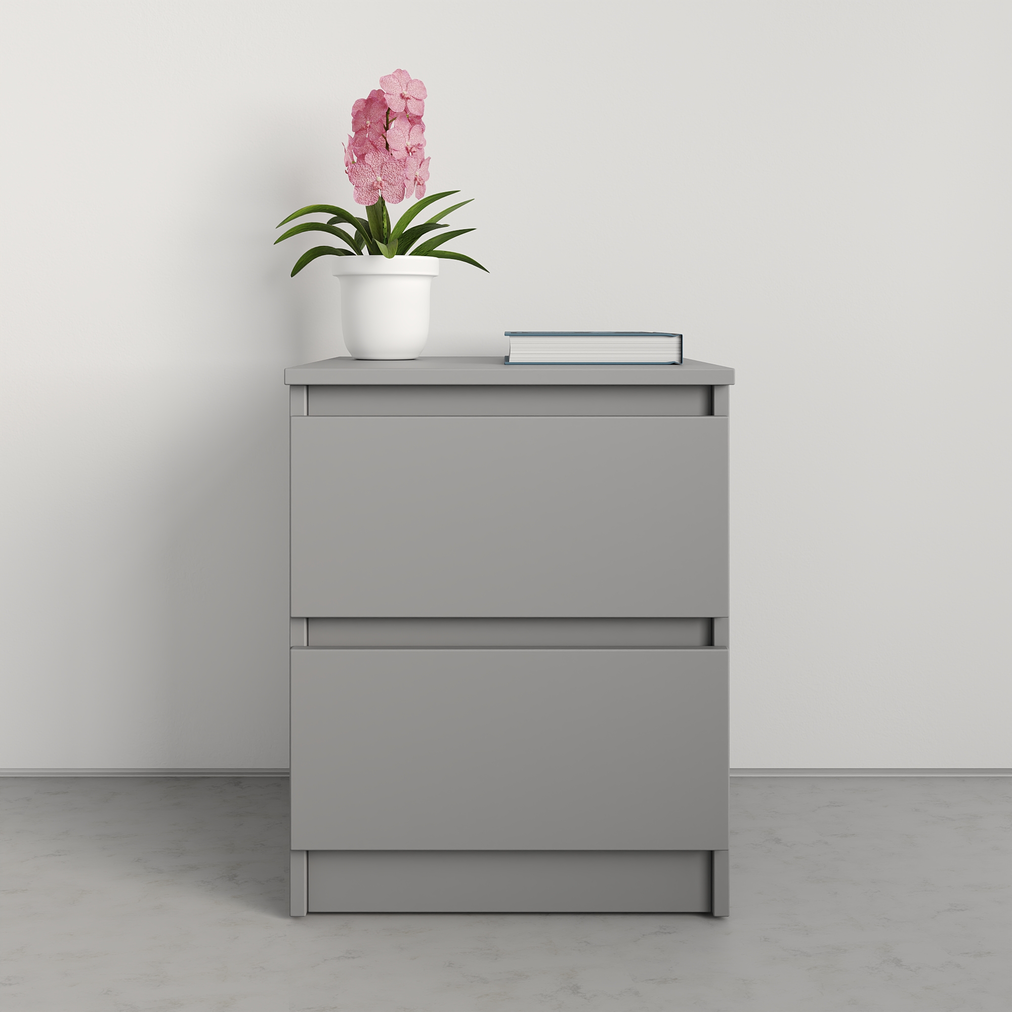 Neo Nightstand mbs-1182, Minimalist Bedside Table with 2 Telescopic Drawers, PAL Material, Grey, 40x43x53 cm