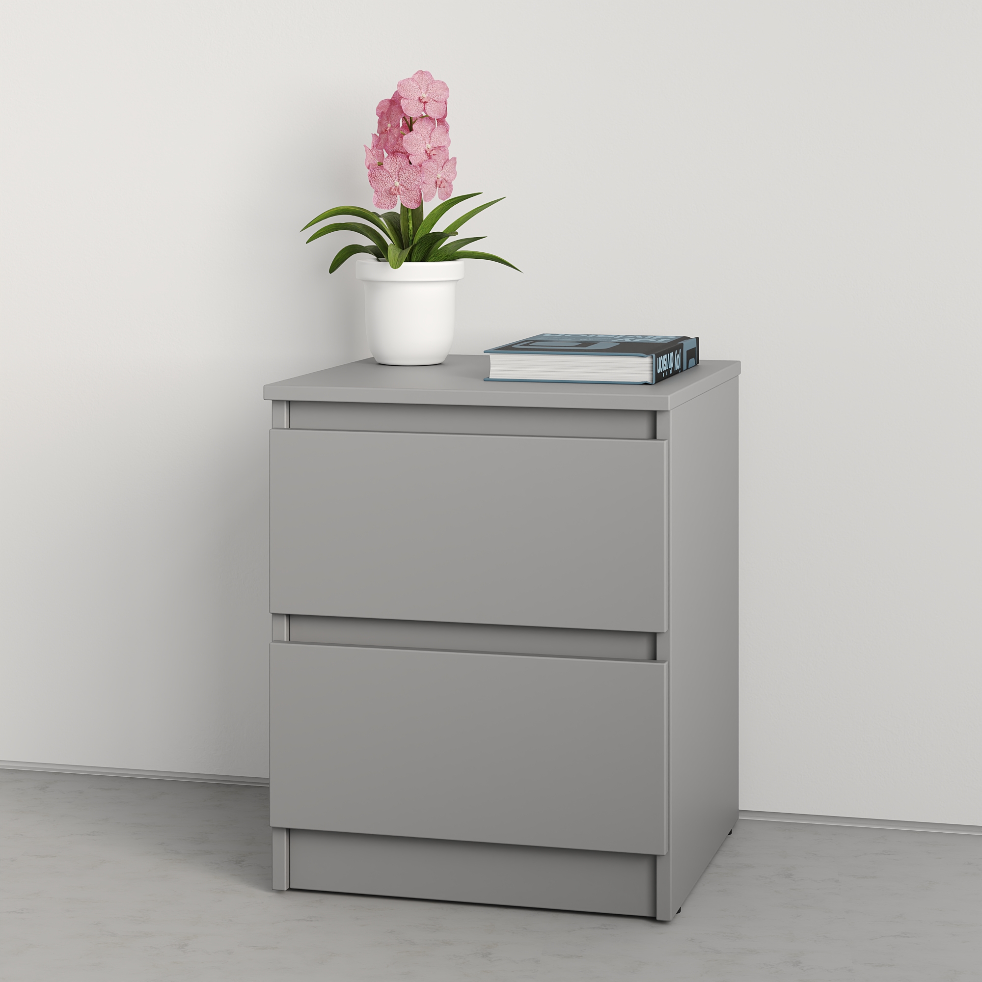 Neo Nightstand mbs-1182, Minimalist Bedside Table with 2 Telescopic Drawers, PAL Material, Grey, 40x43x53 cm