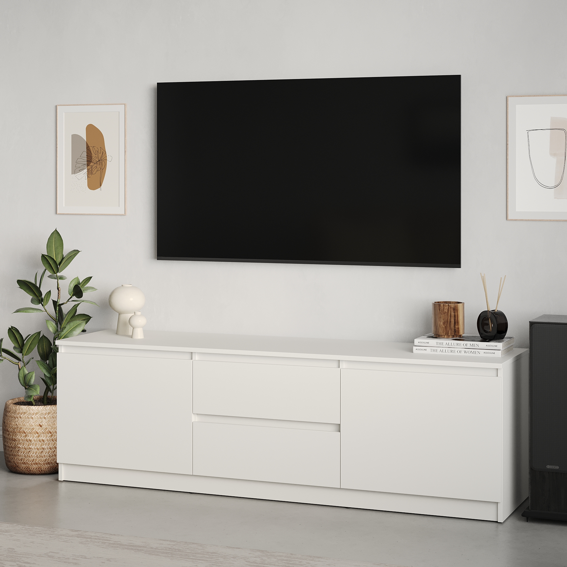 ТВ-тумба Neo 2D2S в стиле минимализм, 150x43x53 см, белая, материал ДСП, 2 выдвижных ящика с телескопическими направляющими и 2 дверцы