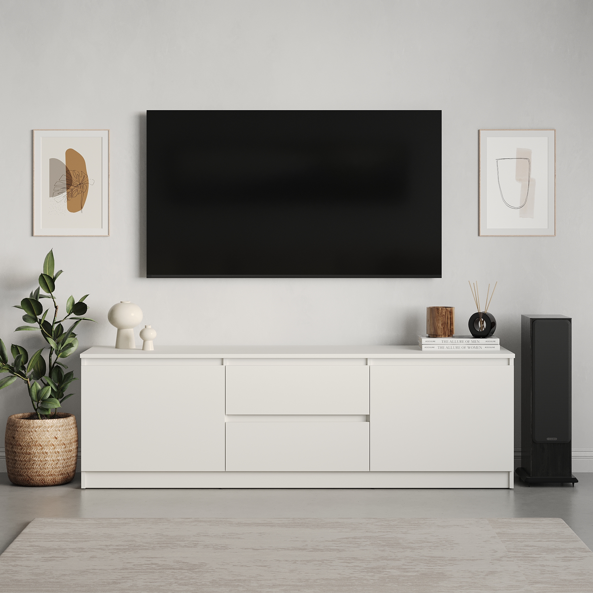 ТВ-тумба Neo 2D2S в стиле минимализм, 150x43x53 см, белая, материал ДСП, 2 выдвижных ящика с телескопическими направляющими и 2 дверцы