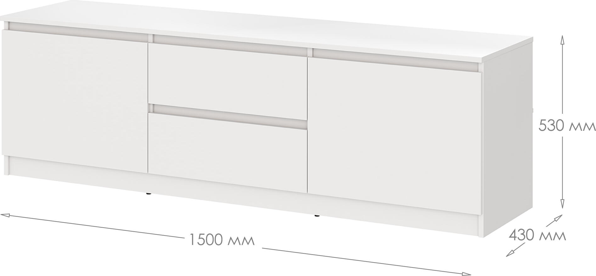 ТВ-тумба Neo 2D2S в стиле минимализм, 150x43x53 см, белая, материал ДСП, 2 выдвижных ящика с телескопическими направляющими и 2 дверцы