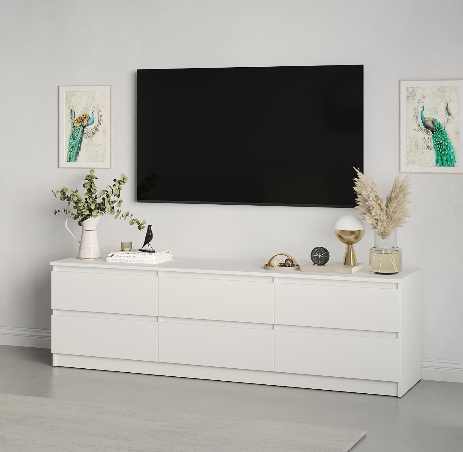 ТВ-тумба Neo 6S, 180x43x53 см, материал ДСП, цвет белый, 6 ящиков с телескопическими направляющими, минимализм