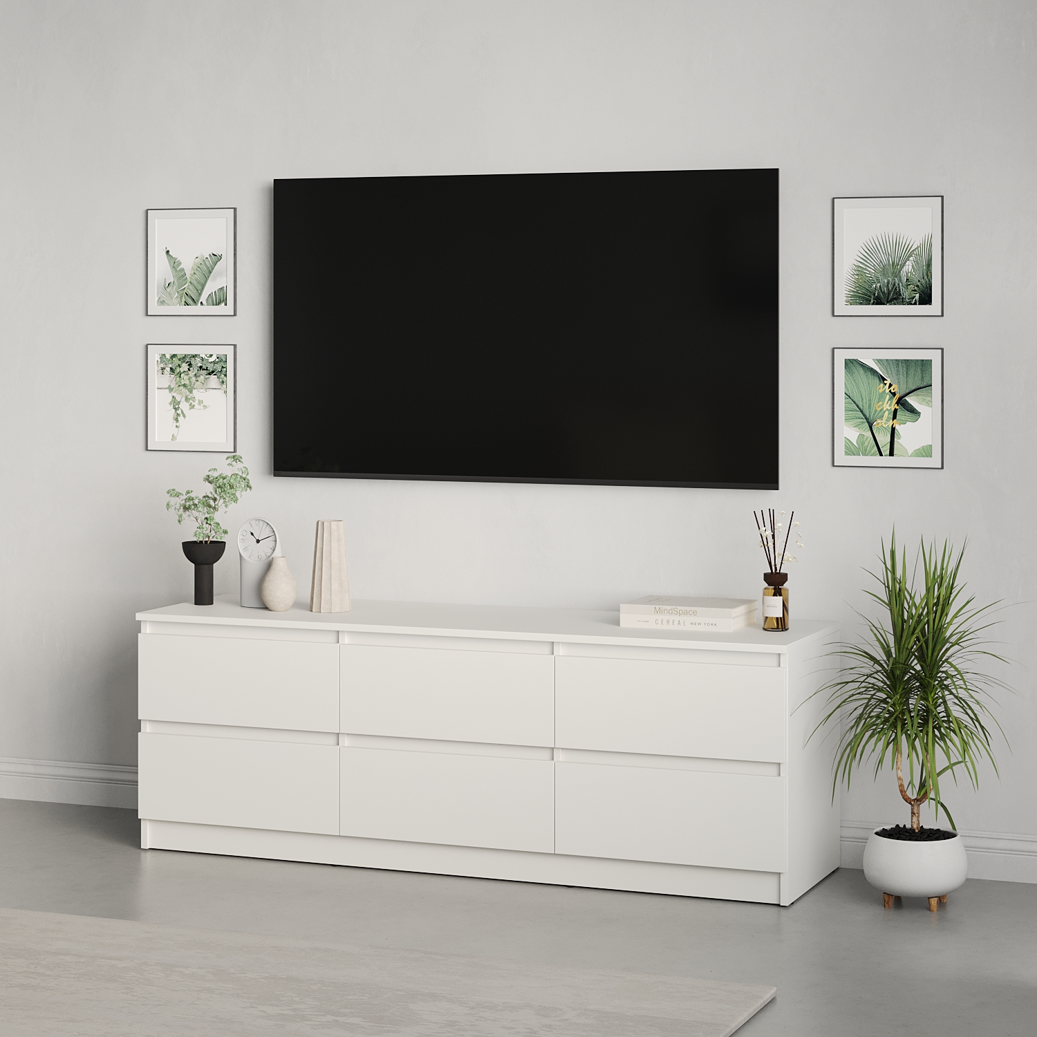 ТВ-тумба Neo 6S, 150x43x53 см, ДСП Белый, 6 Выдвижных Ящиков с Телескопическими Направляющими, Минимализм