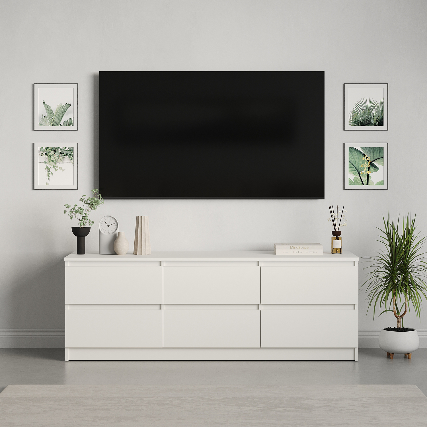 ТВ-тумба Neo 6S, 150x43x53 см, ДСП Белый, 6 Выдвижных Ящиков с Телескопическими Направляющими, Минимализм