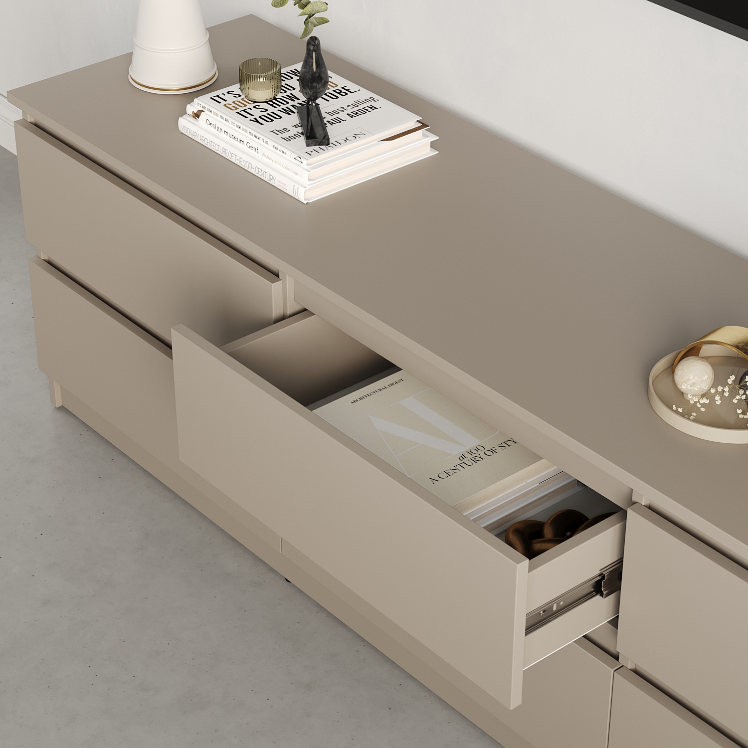 Comoda TV Neo 6S, 180x43x53 cm, Material PAL Bej, 6 Sertare cu Ghidaje Telescopice, Mobilier Living Stil Minimalist