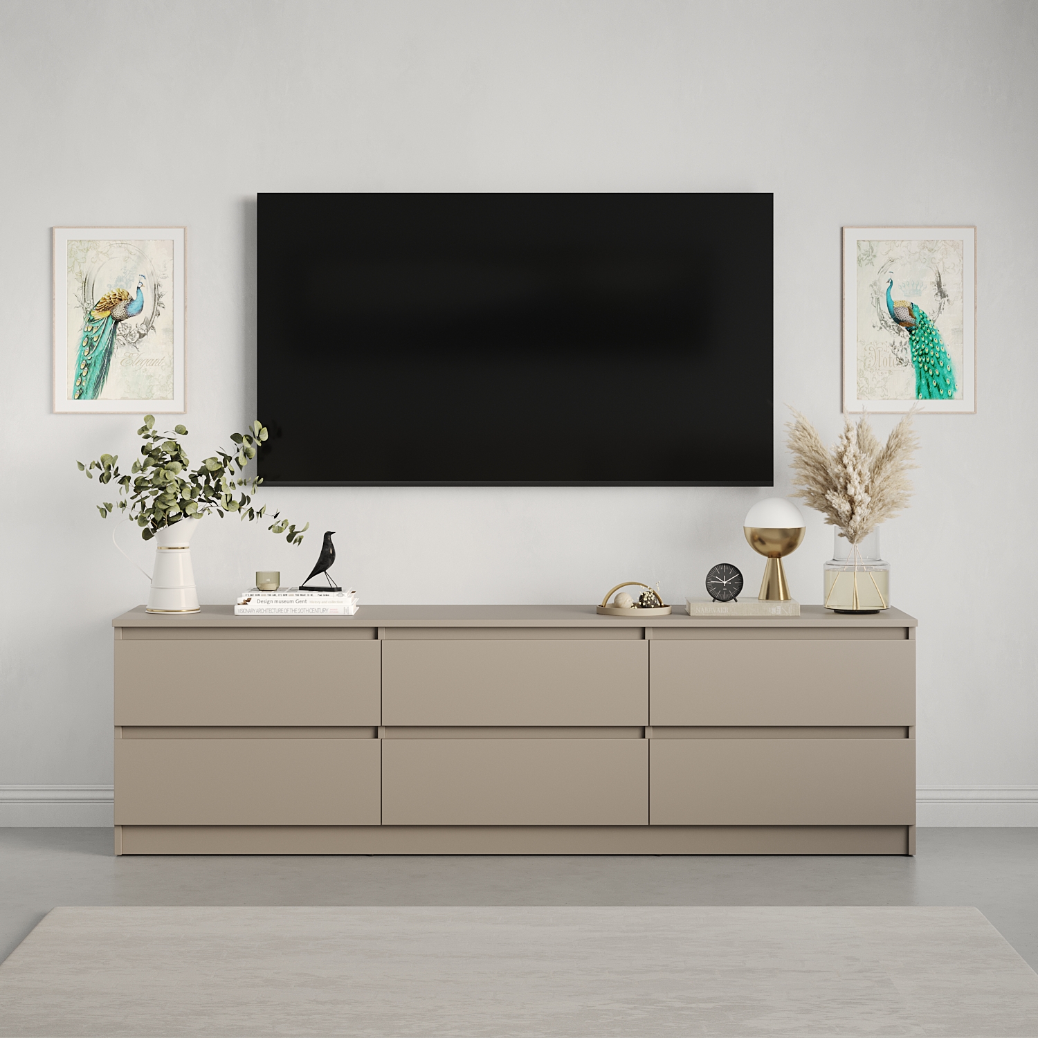 Comoda TV Neo 6S, 180x43x53 cm, Material PAL Bej, 6 Sertare cu Ghidaje Telescopice, Mobilier Living Stil Minimalist