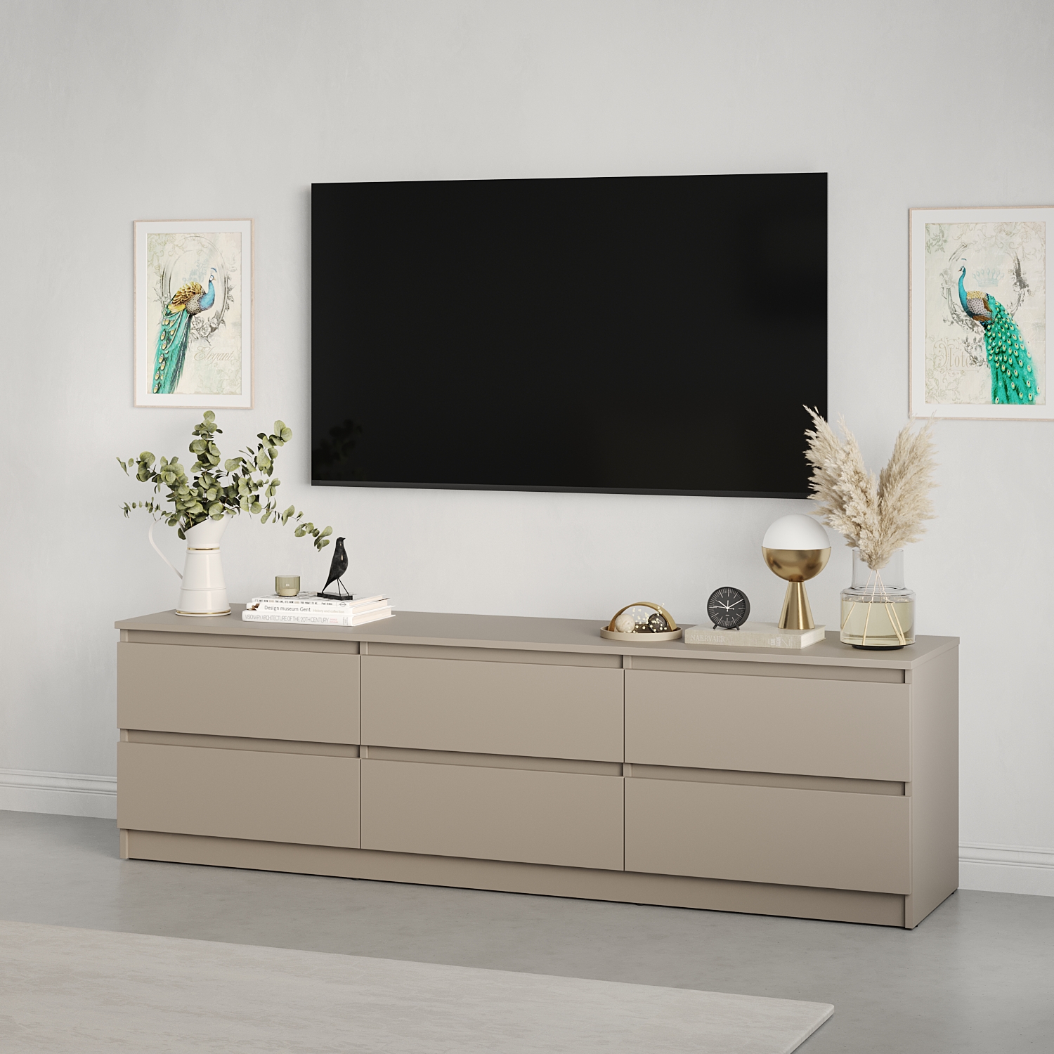 Comoda TV Neo 6S, 180x43x53 cm, Material PAL Bej, 6 Sertare cu Ghidaje Telescopice, Mobilier Living Stil Minimalist