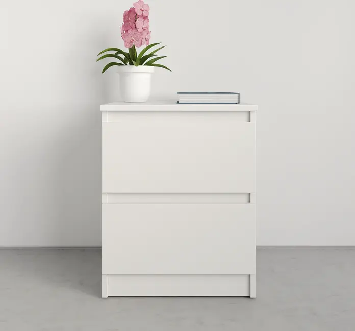 Noptieră Neo mbs-1004, Masă de Nopti Albă Minimalistă cu 2 Sertare Telescopice, Material PAL, 40x43x53 cm