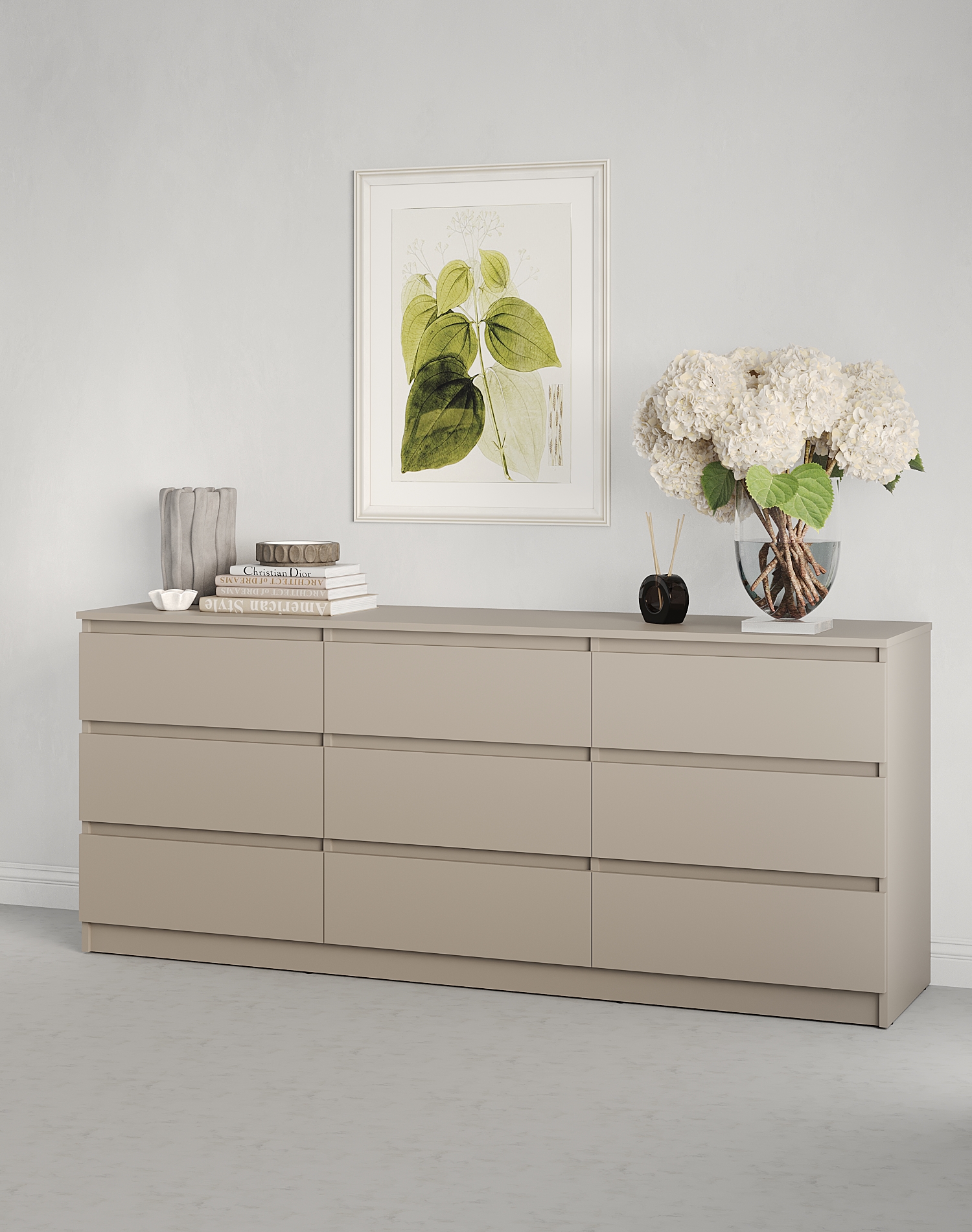 Comoda Neo 9S, 9 Sertare, PAL, 180x43x75.5 cm, Bej, Ghidaje Telescopice, Stil Minimalist pentru Dormitor si Sufragerie