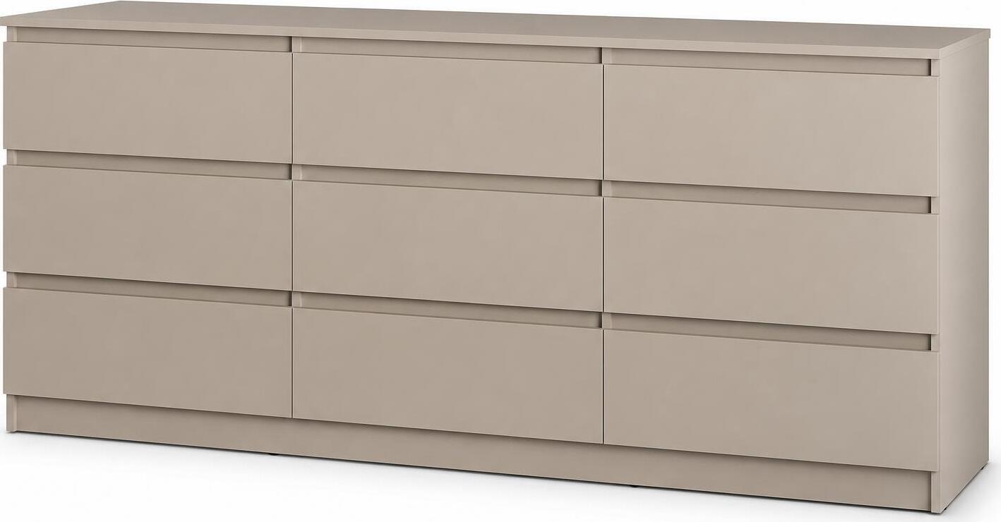 Comoda Neo 9S, 9 Sertare, PAL, 180x43x75.5 cm, Bej, Ghidaje Telescopice, Stil Minimalist pentru Dormitor si Sufragerie