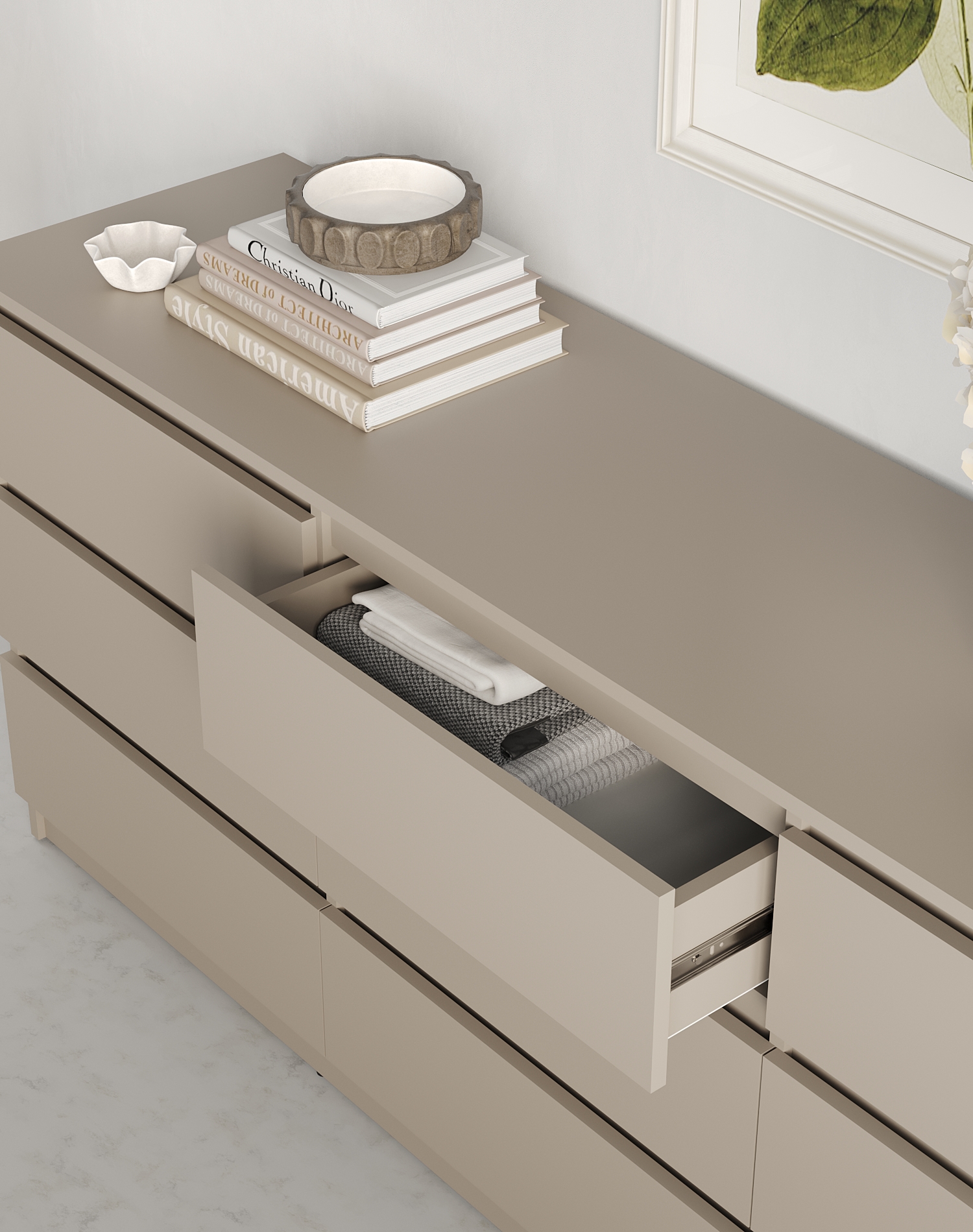 Comoda Neo 9S, 9 Sertare, PAL, 180x43x75.5 cm, Bej, Ghidaje Telescopice, Stil Minimalist pentru Dormitor si Sufragerie