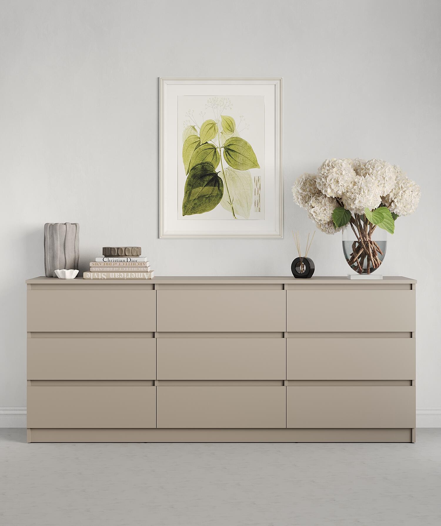 Comoda Neo 9S, 9 Sertare, PAL, 180x43x75.5 cm, Bej, Ghidaje Telescopice, Stil Minimalist pentru Dormitor si Sufragerie