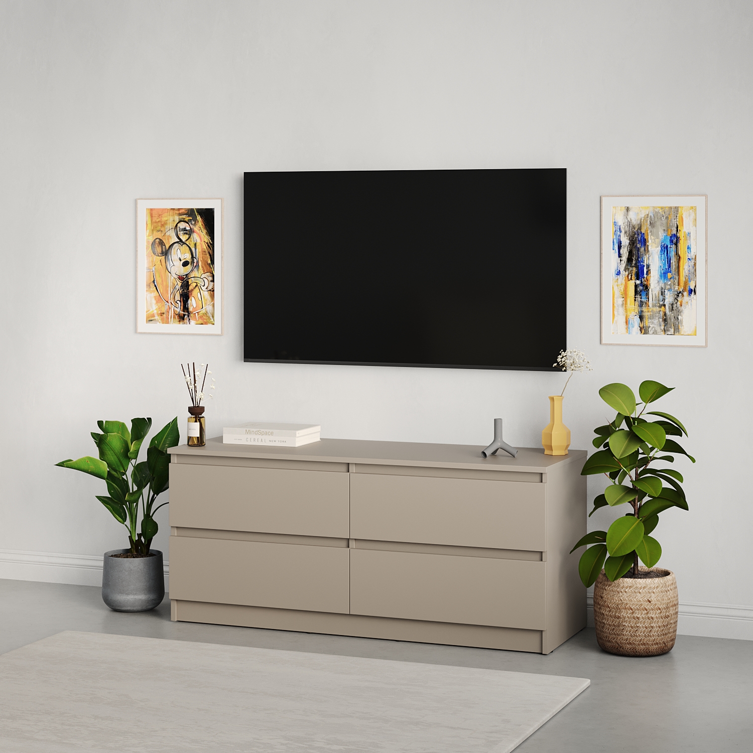 ТВ-тумба Neo 4S, 120x43x53 см, 4 выдвижных ящика с телескопическими направляющими, материал ДСП, бежевый, минимализм для гостиной и спальни