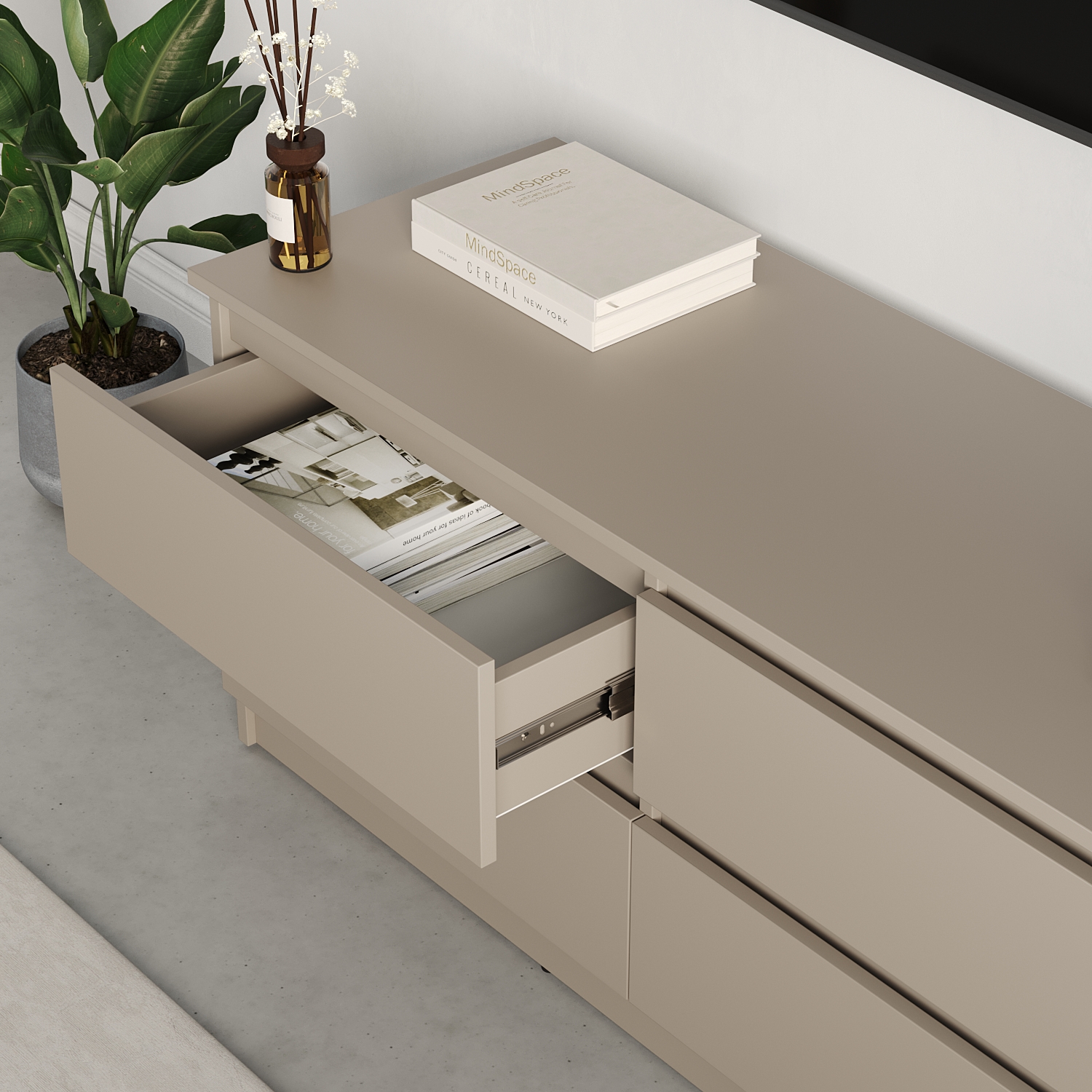 ТВ-тумба Neo 4S, 120x43x53 см, 4 выдвижных ящика с телескопическими направляющими, материал ДСП, бежевый, минимализм для гостиной и спальни