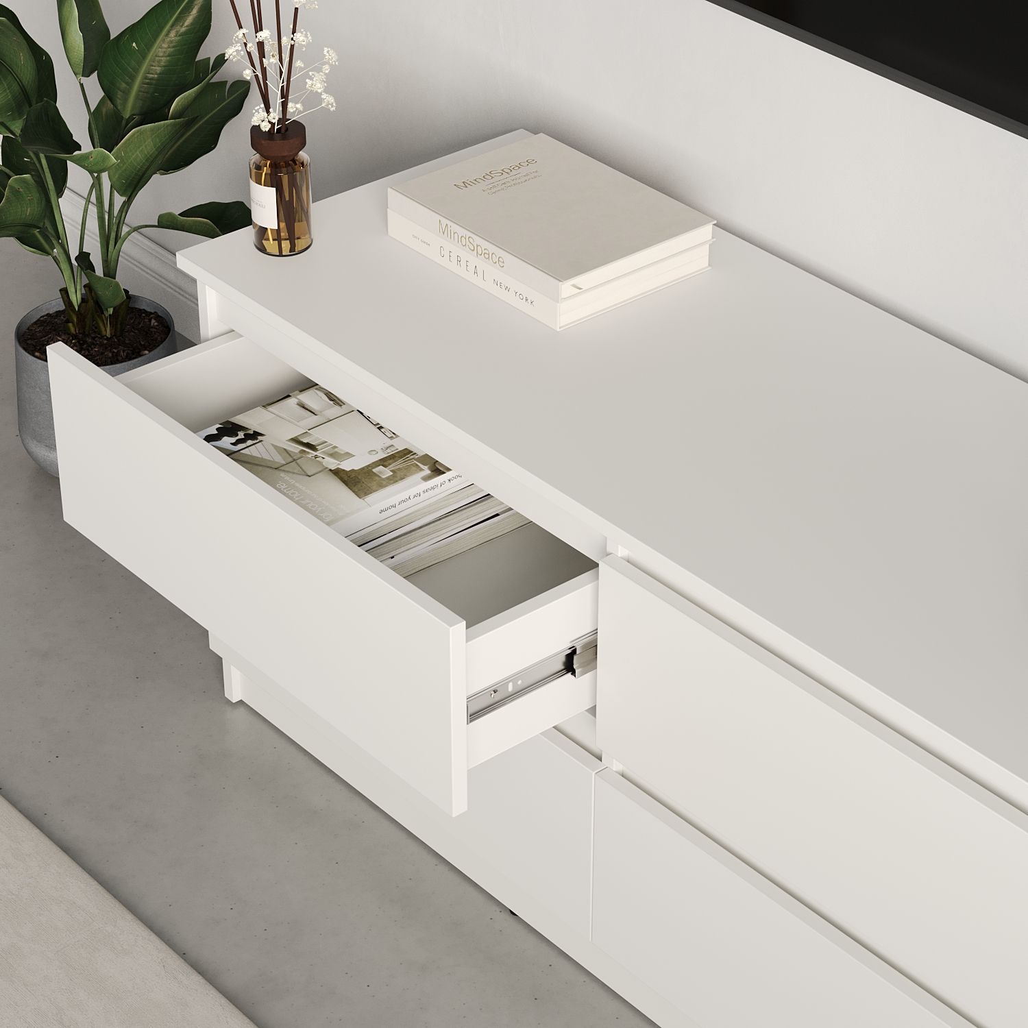 Neo 4S TV Stand and Dresser, 120x43x53 cm, White PAL Material, 4 Drawers with Telescopic Full Extension Guides, Minimalist Style