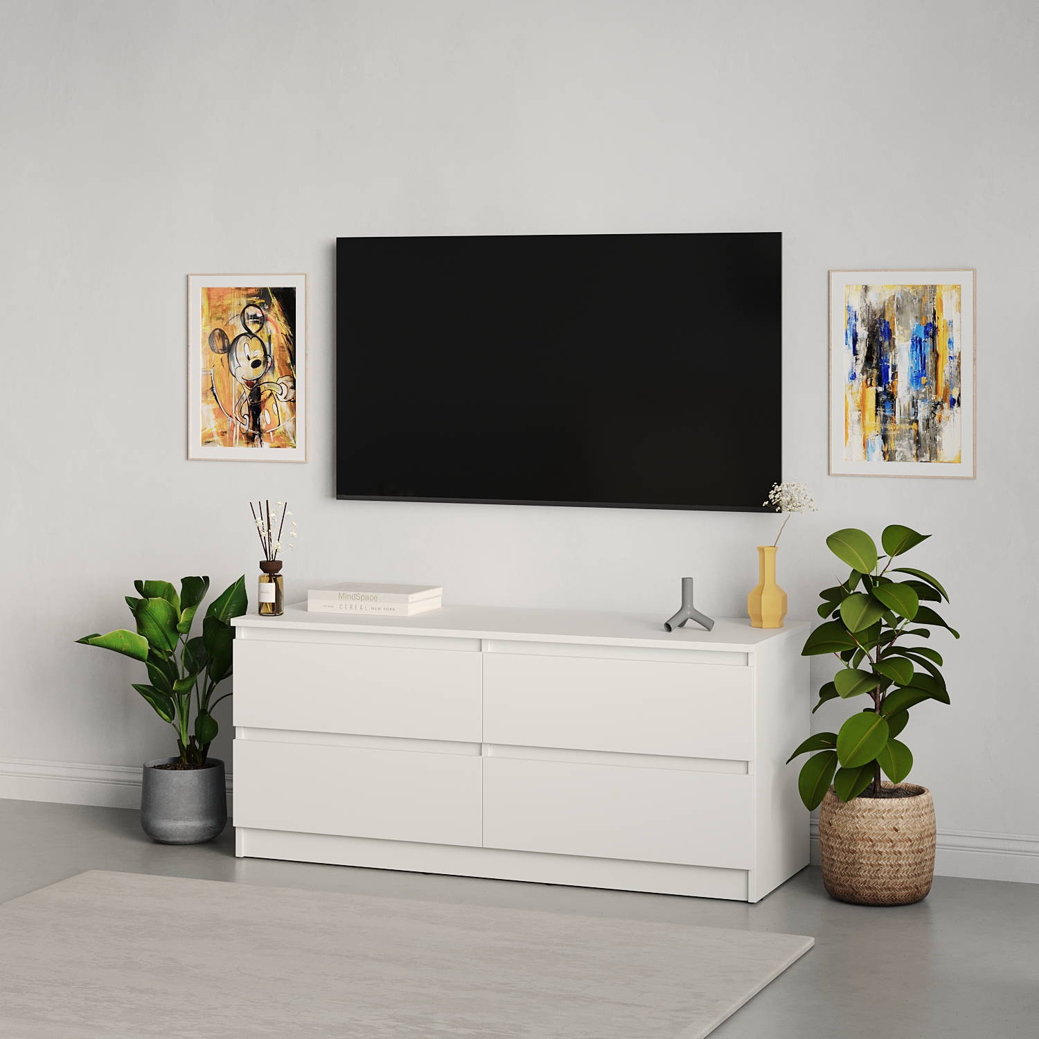 Neo 4S TV Stand and Dresser, 120x43x53 cm, White PAL Material, 4 Drawers with Telescopic Full Extension Guides, Minimalist Style