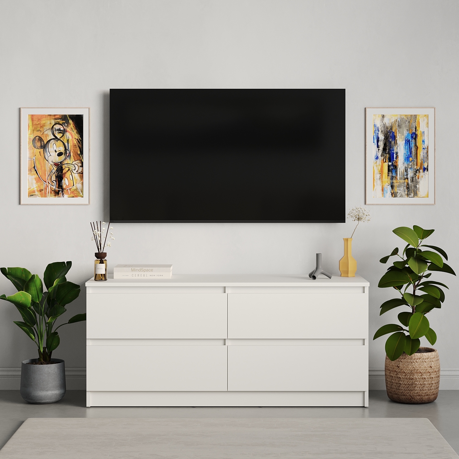 Neo 4S TV Stand and Dresser, 120x43x53 cm, White PAL Material, 4 Drawers with Telescopic Full Extension Guides, Minimalist Style
