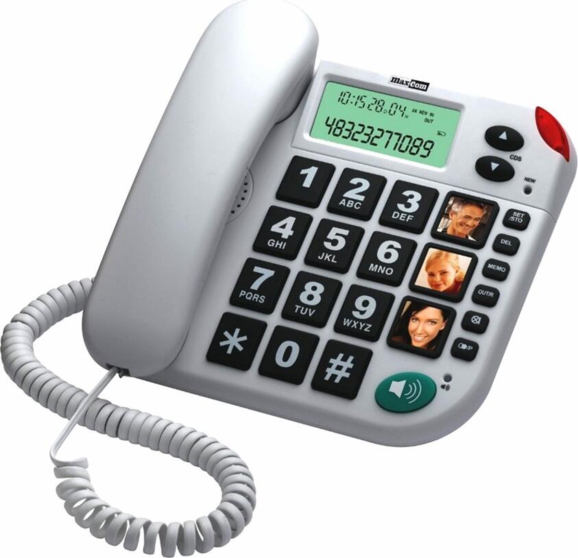 Maxcom KXT480 Corded Landline Phone, White, with LCD Screen, 3 Speed Dial Photo Buttons, Mute Function, LED Indicator, PBX Compatible, Large High-Contrast Buttons
