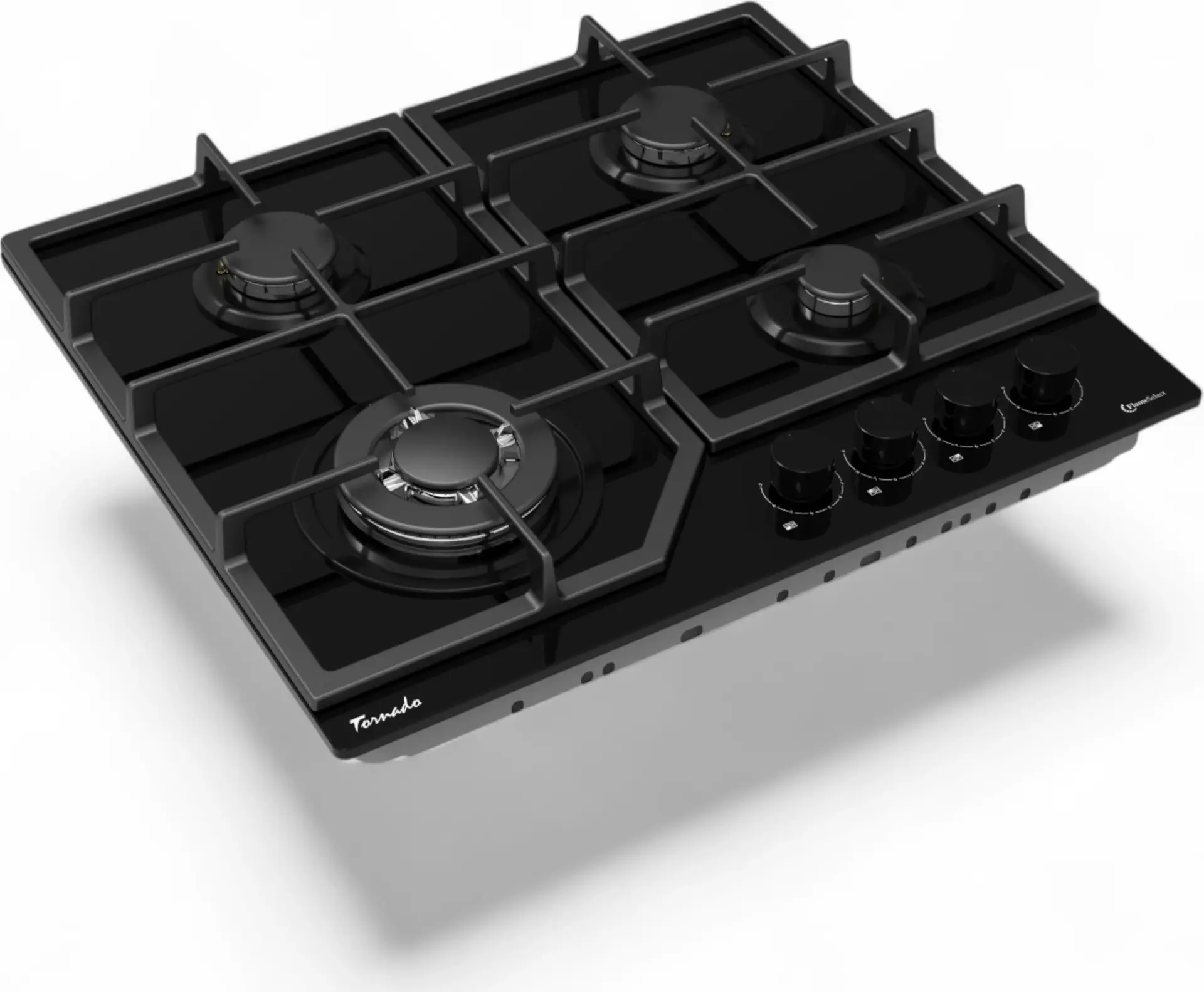Встраиваемая газовая варочная панель Tornado GT-6079 STEP BL, 4 конфорки с Turbo Burner, черное закаленное стекло, чугунные решетки, FlameSelect, 60 см