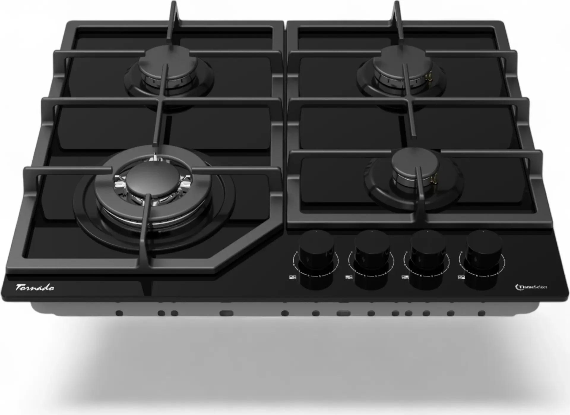 Встраиваемая газовая варочная панель Tornado GT-6079 STEP BL, 4 конфорки с Turbo Burner, черное закаленное стекло, чугунные решетки, FlameSelect, 60 см