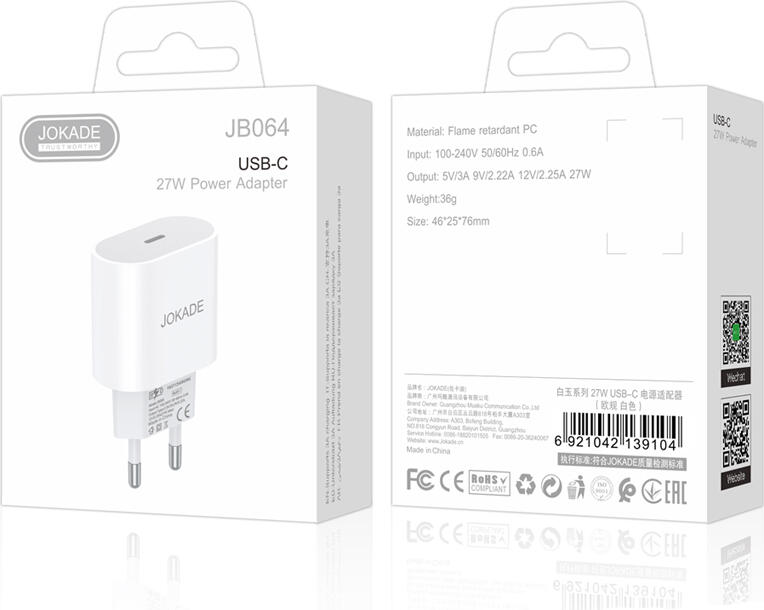Adaptor Alimentare Jokade JB064, Incarcator de Perete 27W USB Type-C, Priza EU, Material PC Ignifug, Alb, Protectie Supratensiune si Scurtcircuit