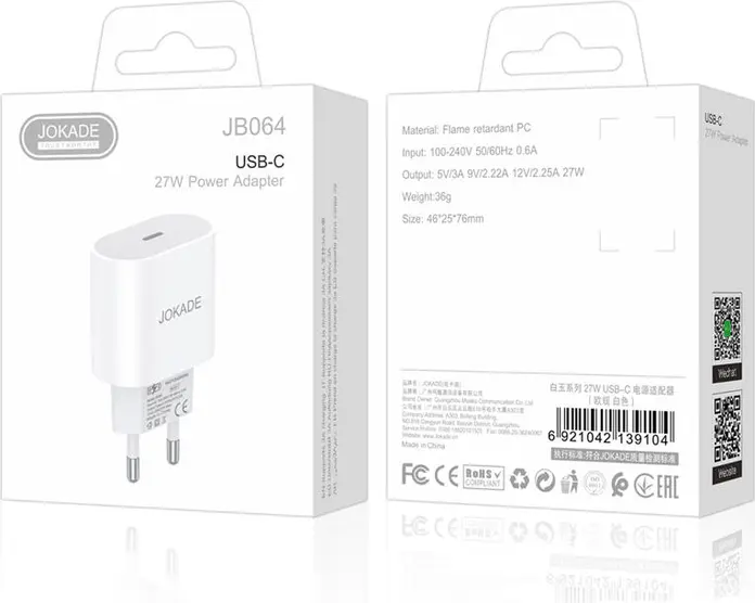 Adaptor Alimentare Jokade JB064, Incarcator de Perete 27W USB Type-C, Priza EU, Material PC Ignifug, Alb, Protectie Supratensiune si Scurtcircuit