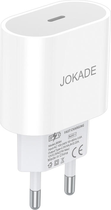 Adaptor Alimentare Jokade JB064, Incarcator de Perete 27W USB Type-C, Priza EU, Material PC Ignifug, Alb, Protectie Supratensiune si Scurtcircuit
