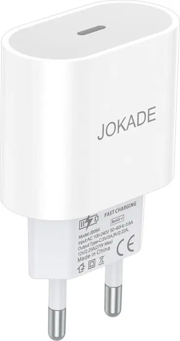 Adaptor Alimentare Jokade JB064, Incarcator de Perete 27W USB Type-C, Priza EU, Material PC Ignifug, Alb, Protectie Supratensiune si Scurtcircuit