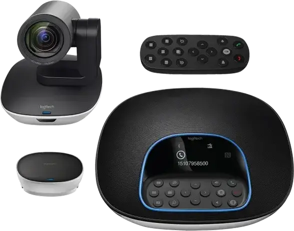 Logitech GROUP Video Conferencing System, Full HD 1080p Camera with 10x Zoom, Speakerphone with 4 Microphones, Remote, Hub, Black, Set of 7 Pieces