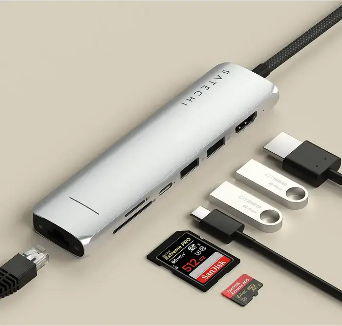 Satechi 7-in-1 USB-C Slim Multiport Adapter with Ethernet ST-P7SM ST-P7SS ST-P7SK, 4K HDMI 60Hz, 80W PD, USB-A 3.2, SD/Micro SD UHS-I, Aluminum