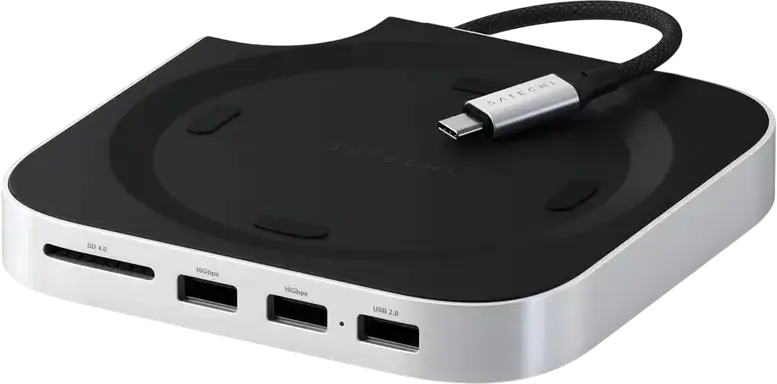 Satechi Подставка и хаб для Mac Mini M4 с корпусом M.2 NVMe SSD, алюминий, 3 порта USB-A, слот SD UHS-II, 10 Гбит/с, Silver