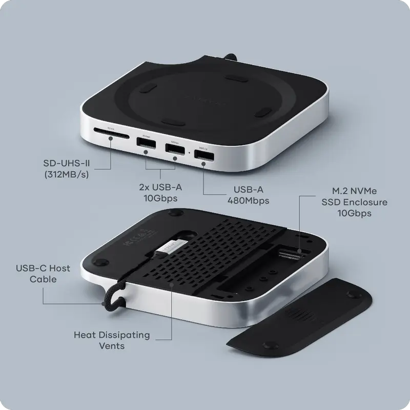 Satechi Подставка и хаб для Mac Mini M4 с корпусом M.2 NVMe SSD, алюминий, 3 порта USB-A, слот SD UHS-II, 10 Гбит/с, Silver