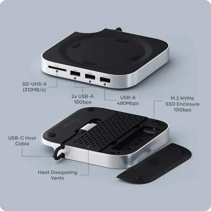 Satechi Подставка и хаб для Mac Mini M4 с корпусом M.2 NVMe SSD, алюминий, 3 порта USB-A, слот SD UHS-II, 10 Гбит/с, Silver