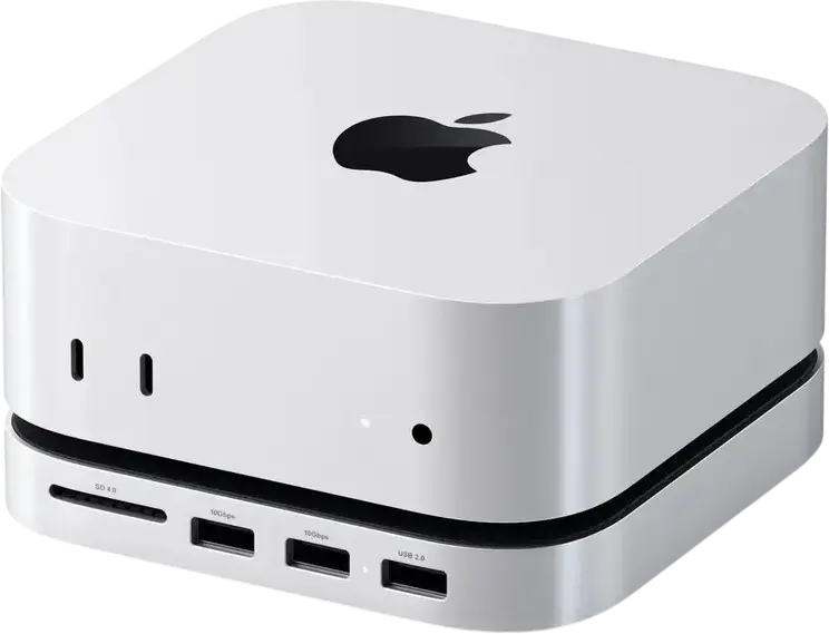 Satechi Подставка и хаб для Mac Mini M4 с корпусом M.2 NVMe SSD, алюминий, 3 порта USB-A, слот SD UHS-II, 10 Гбит/с, Silver
