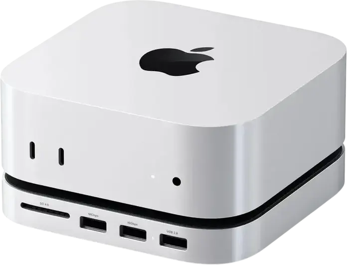 Satechi Подставка и хаб для Mac Mini M4 с корпусом M.2 NVMe SSD, алюминий, 3 порта USB-A, слот SD UHS-II, 10 Гбит/с, Silver