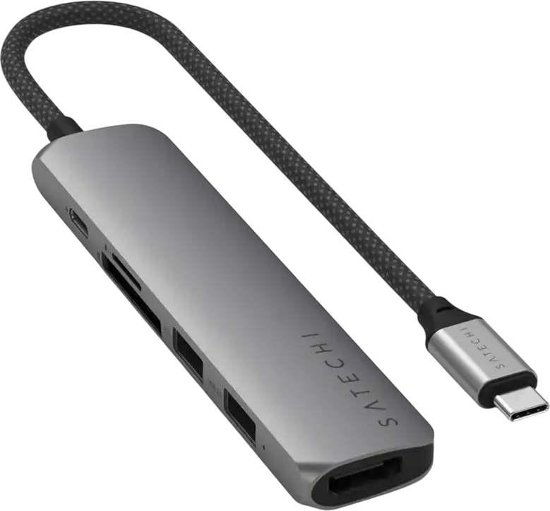 Satechi 6-in-1 USB-C Slim Multiport Adapter, 4K 60Hz HDMI, 75W PD, USB-A 3.2 Gen 2 10Gbps, SD/microSD Card Reader, Aluminum Enclosure