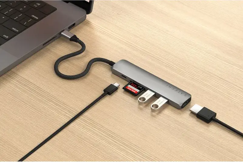 Satechi 6-in-1 USB-C Slim Multiport Adapter, 4K 60Hz HDMI, 75W PD, USB-A 3.2 Gen 2 10Gbps, SD/microSD Card Reader, Aluminum Enclosure