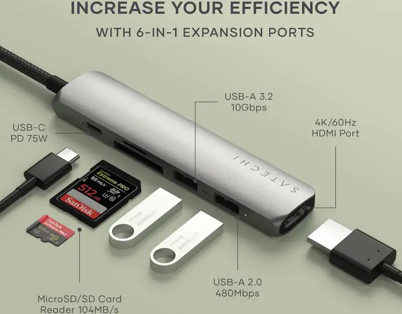 Satechi 6-in-1 USB-C Slim Multiport Adapter, 4K 60Hz HDMI, 75W PD, USB-A 3.2 Gen 2 10Gbps, SD/microSD Card Reader, Aluminum Enclosure