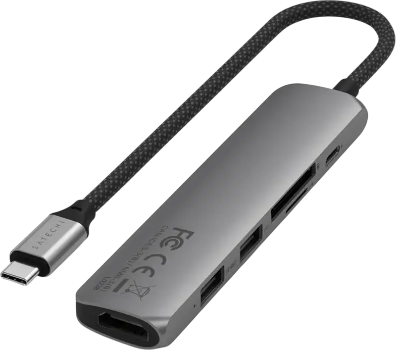 Satechi 6-in-1 USB-C Slim Multiport Adapter, 4K 60Hz HDMI, 75W PD, USB-A 3.2 Gen 2 10Gbps, SD/microSD Card Reader, Aluminum Enclosure